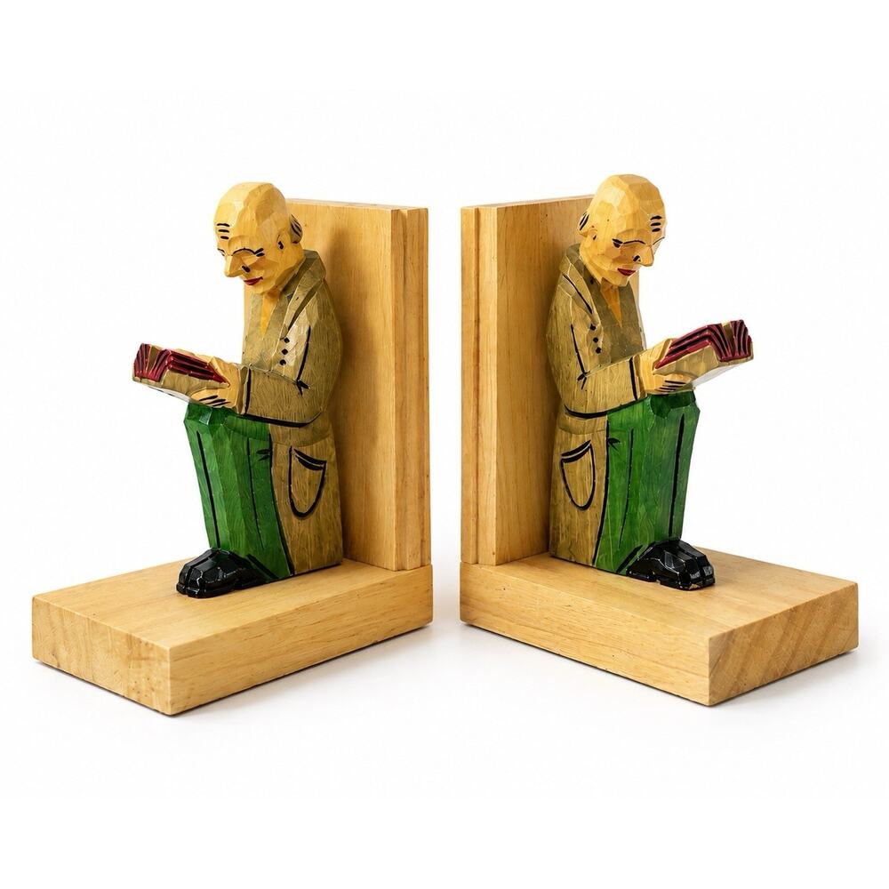 German Hand Carved Wooden Bookends Reader Scholar Folk Art Die Drechselstube